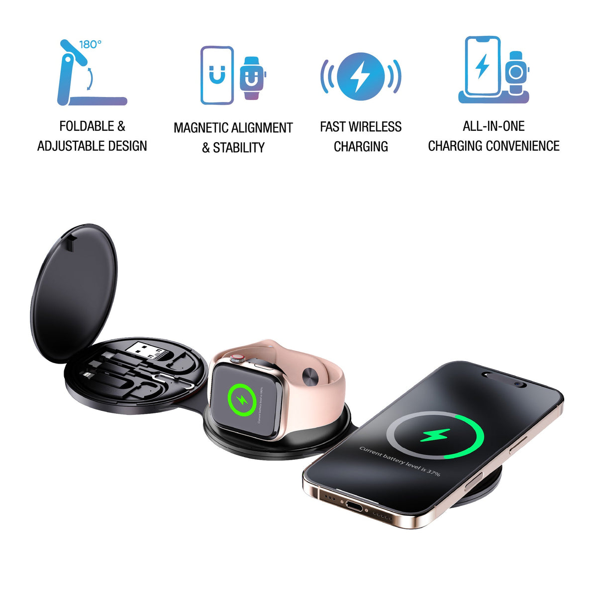 Power & Sound Essentials Bundle – 5-in-1 Folding Wireless Charging Station + True Wireless Earbuds-2